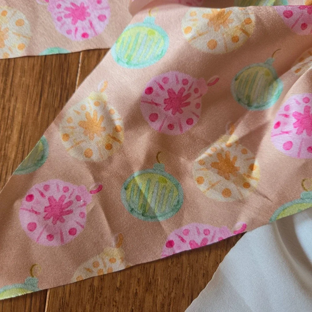 Anthropologie Holiday Ornament Bow Scrunchie Set 2pk Pink Ivory Satin New